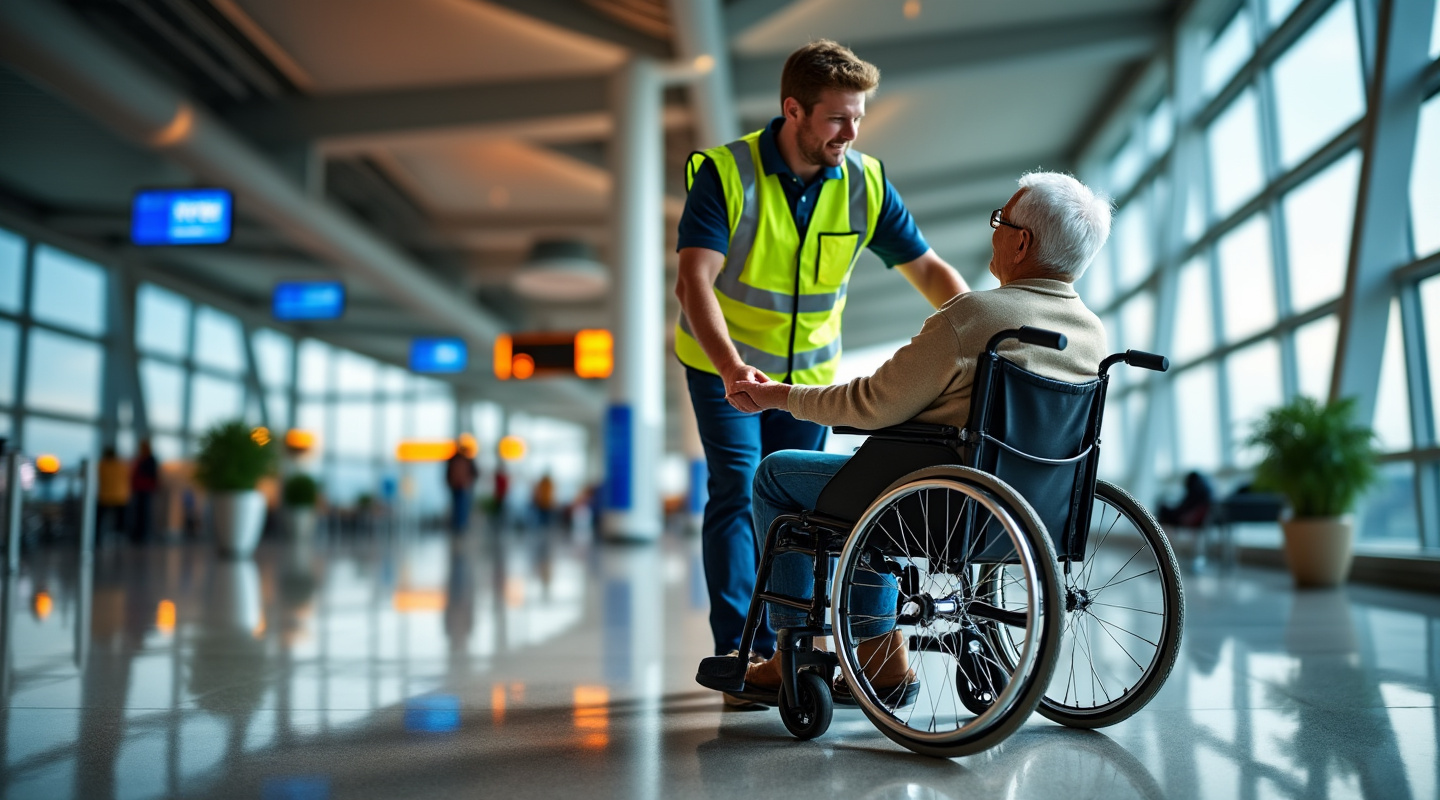 Accompagnateur PHMR assistant un passager en fauteuil roulant à l’aéroport