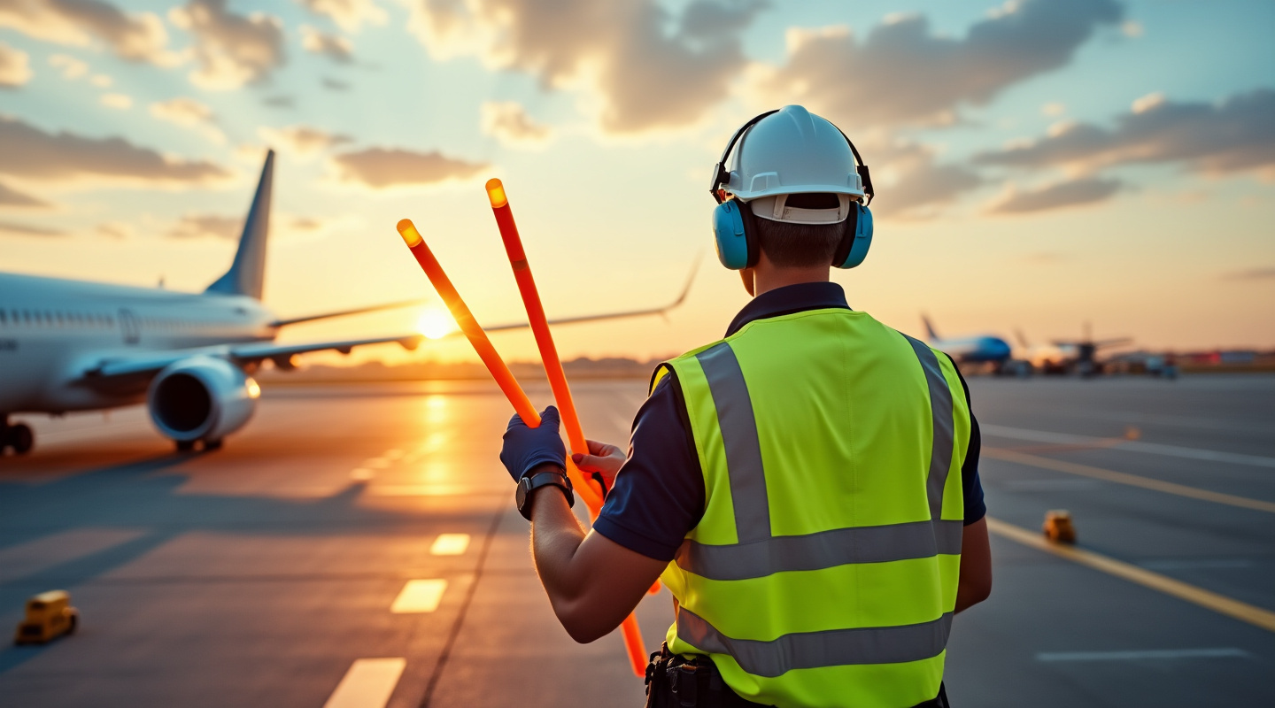 Agent de piste en gilet haute visibilité guidant un avion sur le tarmac