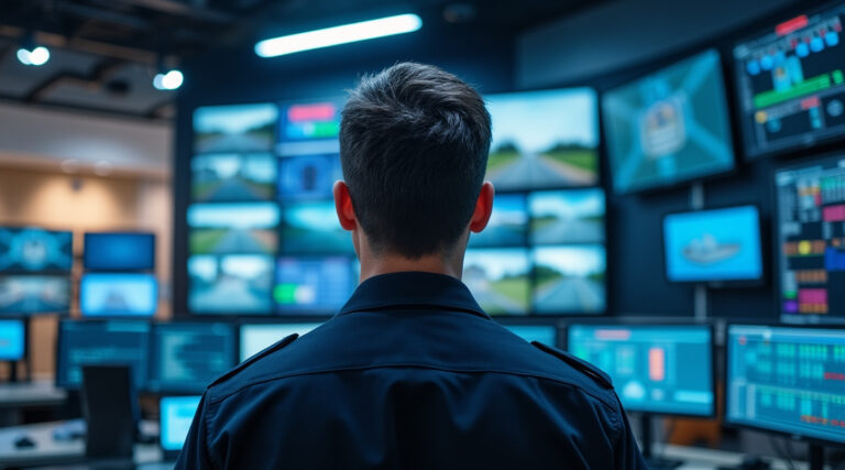Agent de sécurité APS devant les écrans de vidéosurveillance