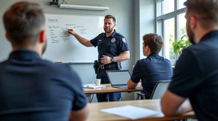 Session de formation d’agents de sécurité en salle avec formateur
