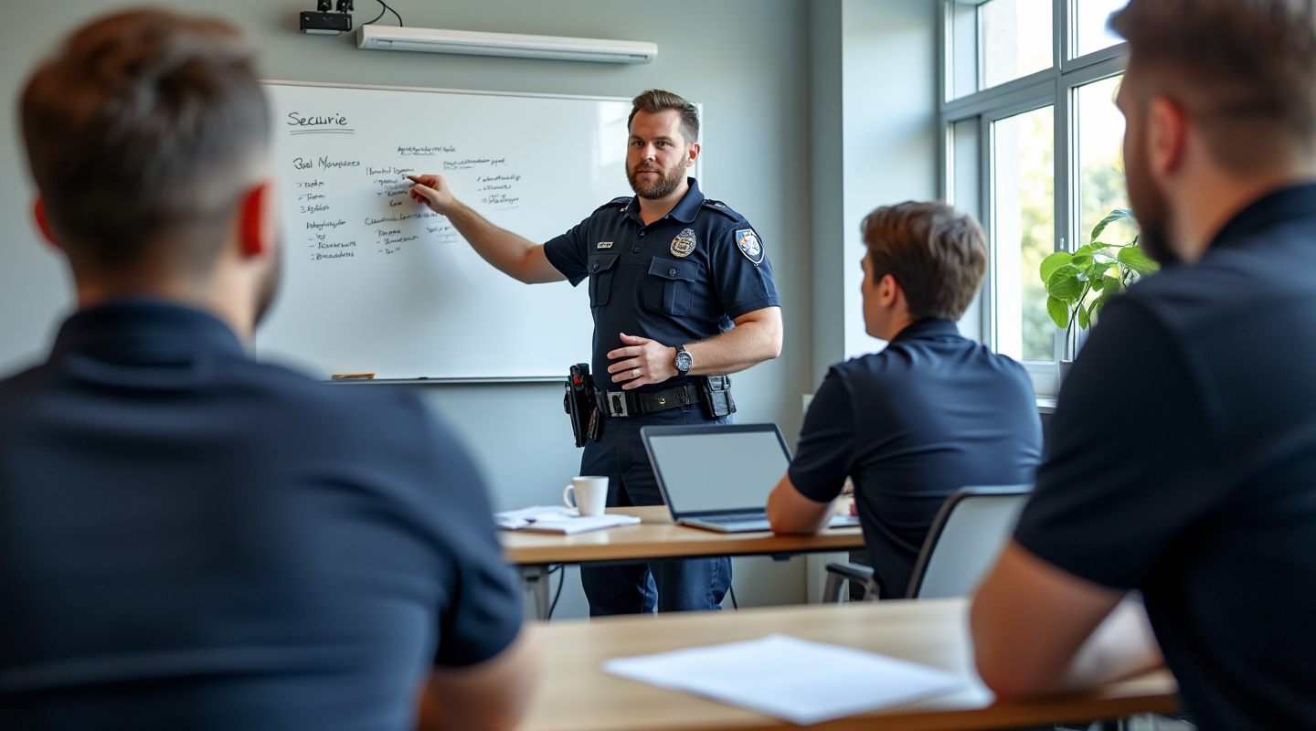 Session de formation d’agents de sécurité en salle avec formateur